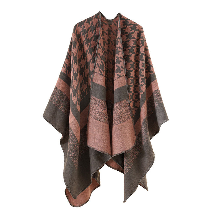 Damen Oversize‑Ruana‑Poncho aus Wollmix mit Hahnentritt- und Blockjacquard Drune
