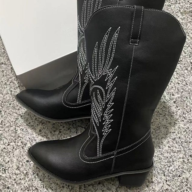 Damen Cowboy-Stiefel mit hohem Absatz und kunstvollen Stickereien Drune