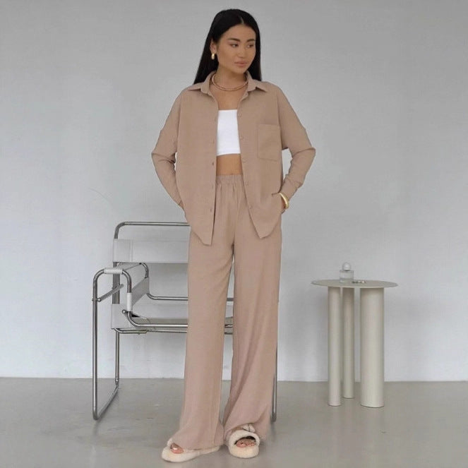 Damen Elegantes Lounge-Set aus weichem Stoff mit Hemd und weitem Hosen Drune
