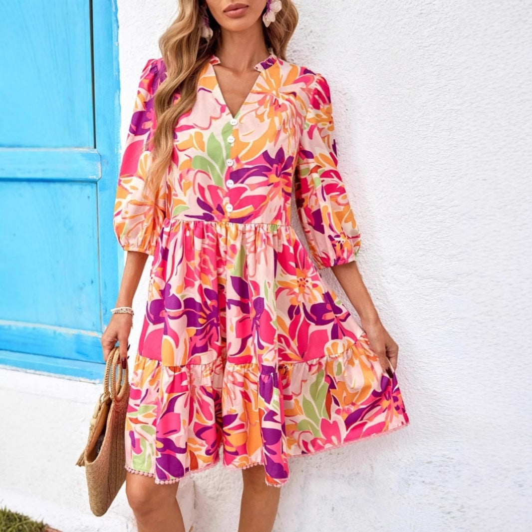 Damen Blusenkleid mit floralen Prints und voluminösen Ärmeln Drune