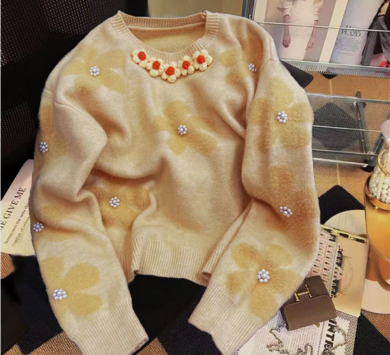 Damen Strickpullover mit floralen Applikationen und Perlendetails Drune
