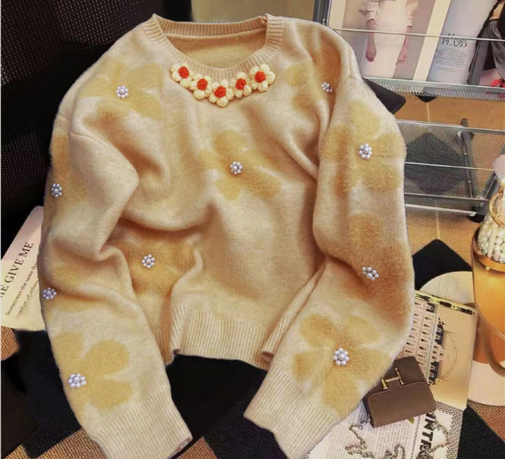 Damen Strickpullover mit floralen Applikationen und Perlendetails Drune