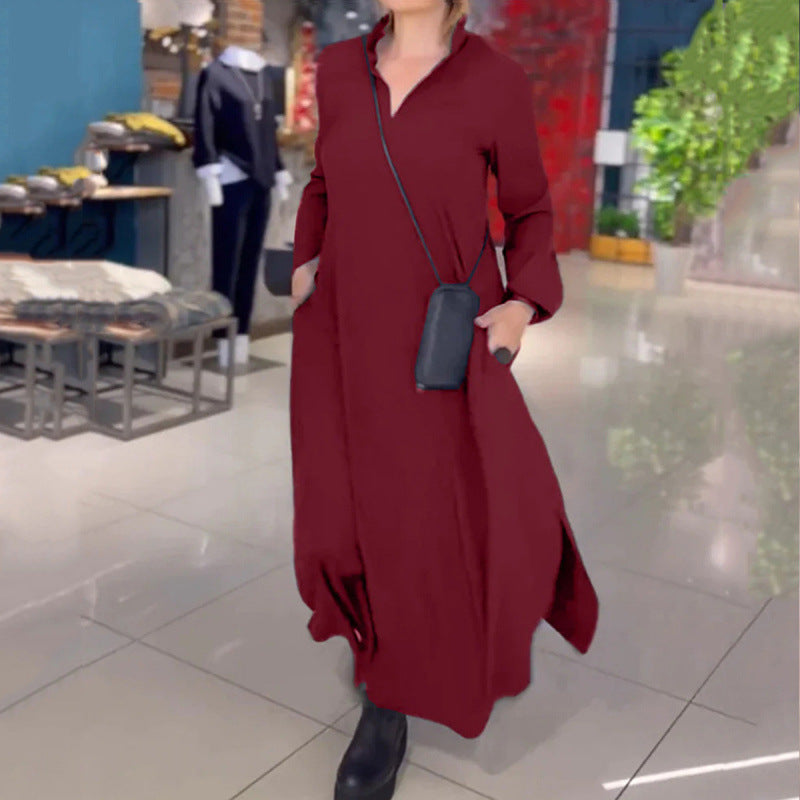 Damen lässiges Maxikleid mit modernem Hemdblusen-Design und praktischen Seitentaschen Drune