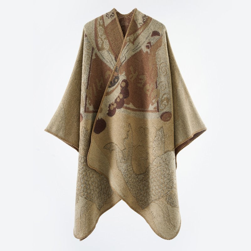 Damen Jacquard-Strick Cape mit Koi-Motiv und weitem Oversize-Fall Drune