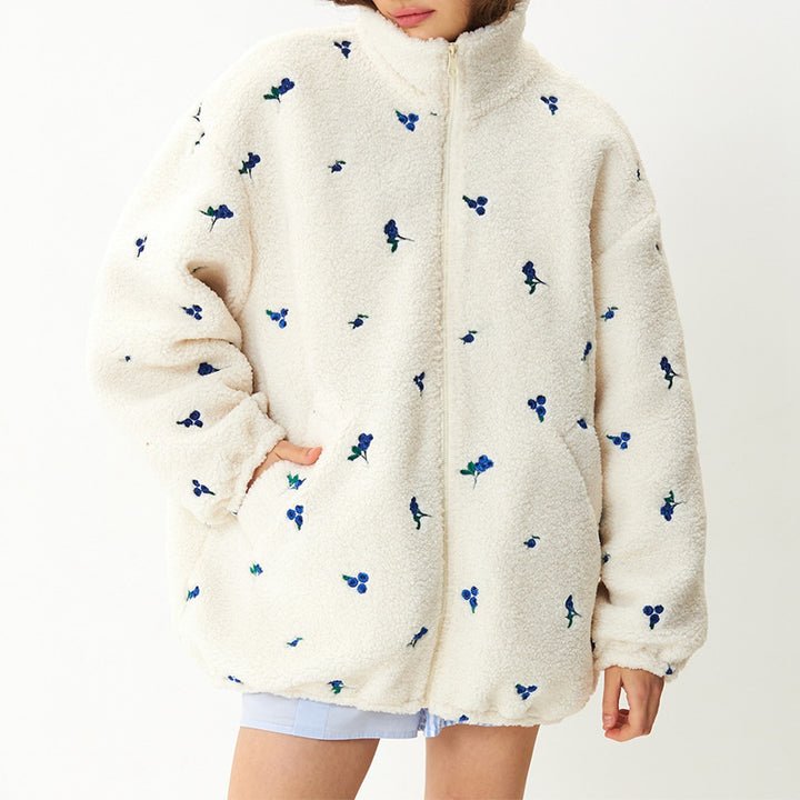Damen kuschelige Fleecejacke mit Blumenstickerei Drune