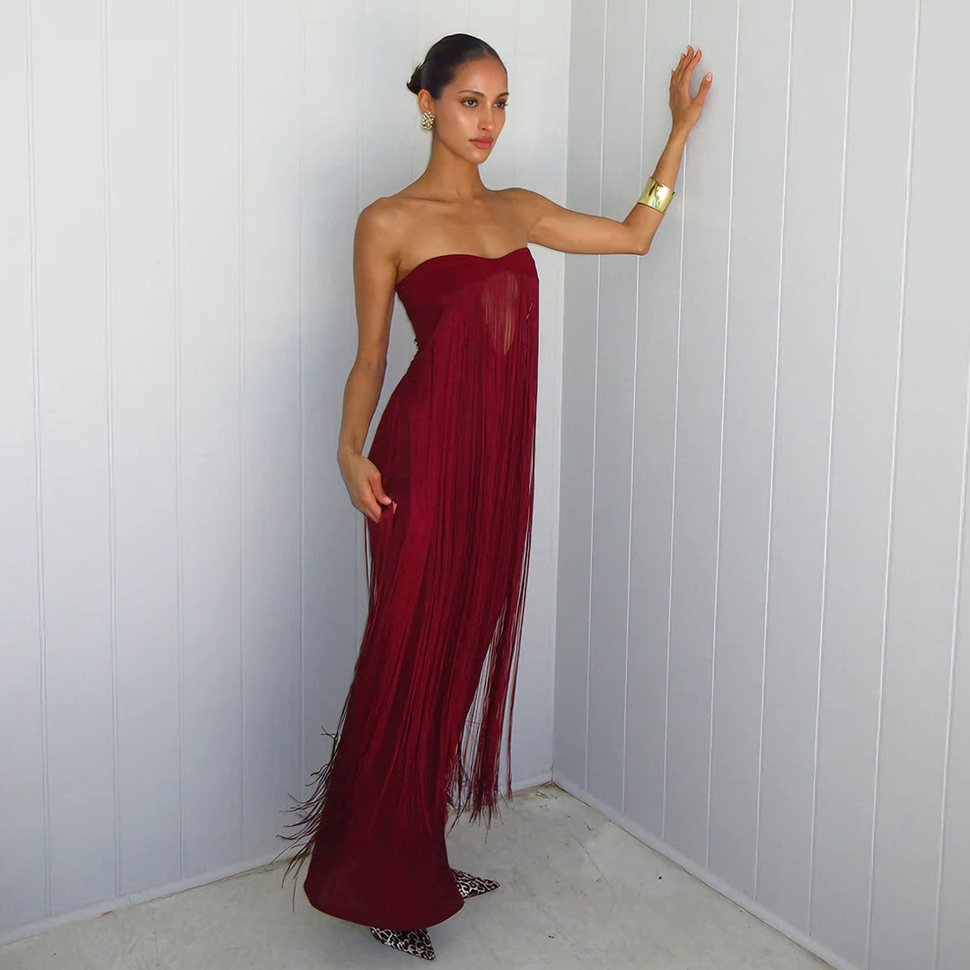 Damen Elegantes Maxi-Kleid mit Fransen und tiefem Ausschnitt Drune