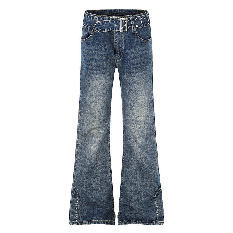 Damen High-Waist Flared-Denimjeans mit Nietenbesatz, weitem Schlag und Ziergürtel Drune