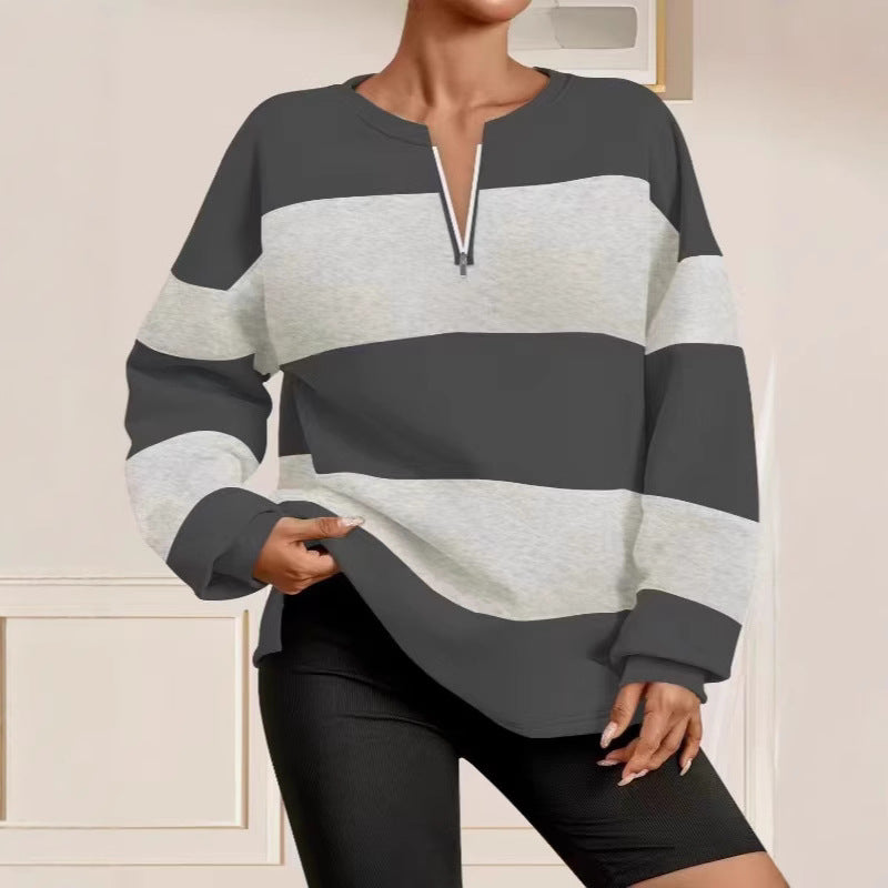 Damen Langarm Sweatshirt mit modernem Reißverschluss und gestreiftem Design Drune