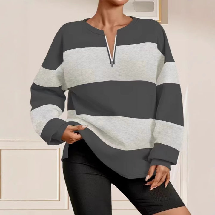 Damen Langarm Sweatshirt mit modernem Reißverschluss und gestreiftem Design Drune