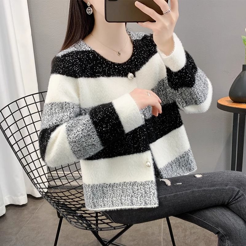 Damen Flauschiger Grobstrick-Cardigan mit Perlenknöpfen Drune