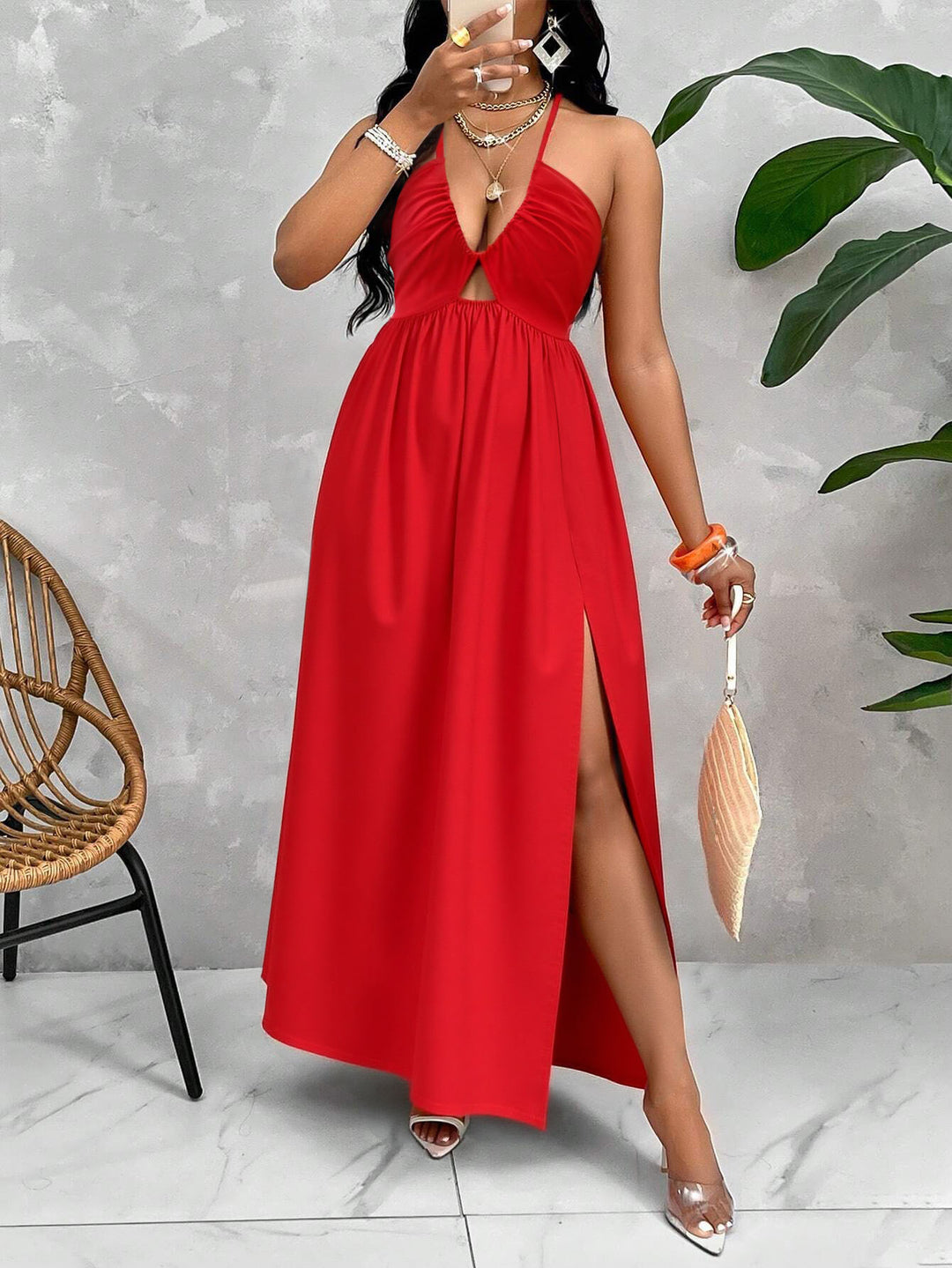 Damen Maxikleid mit tiefem V-Ausschnitt und seitlichem Schlitz Drune