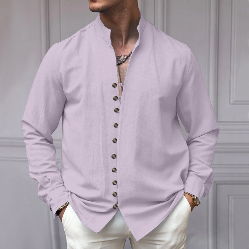 Herren nan elegantes Langarm-Leinenhemd mit Stehkragen asymmetrischer Knopfleiste und schmaler Passform Drune