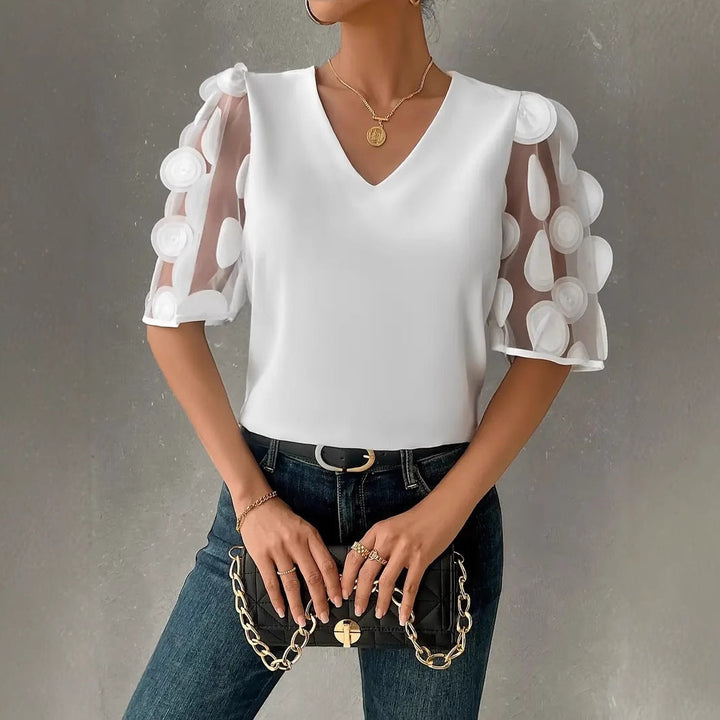 Damen V-Ausschnitt Bluse mit transparenten Rüschensäumen Drune