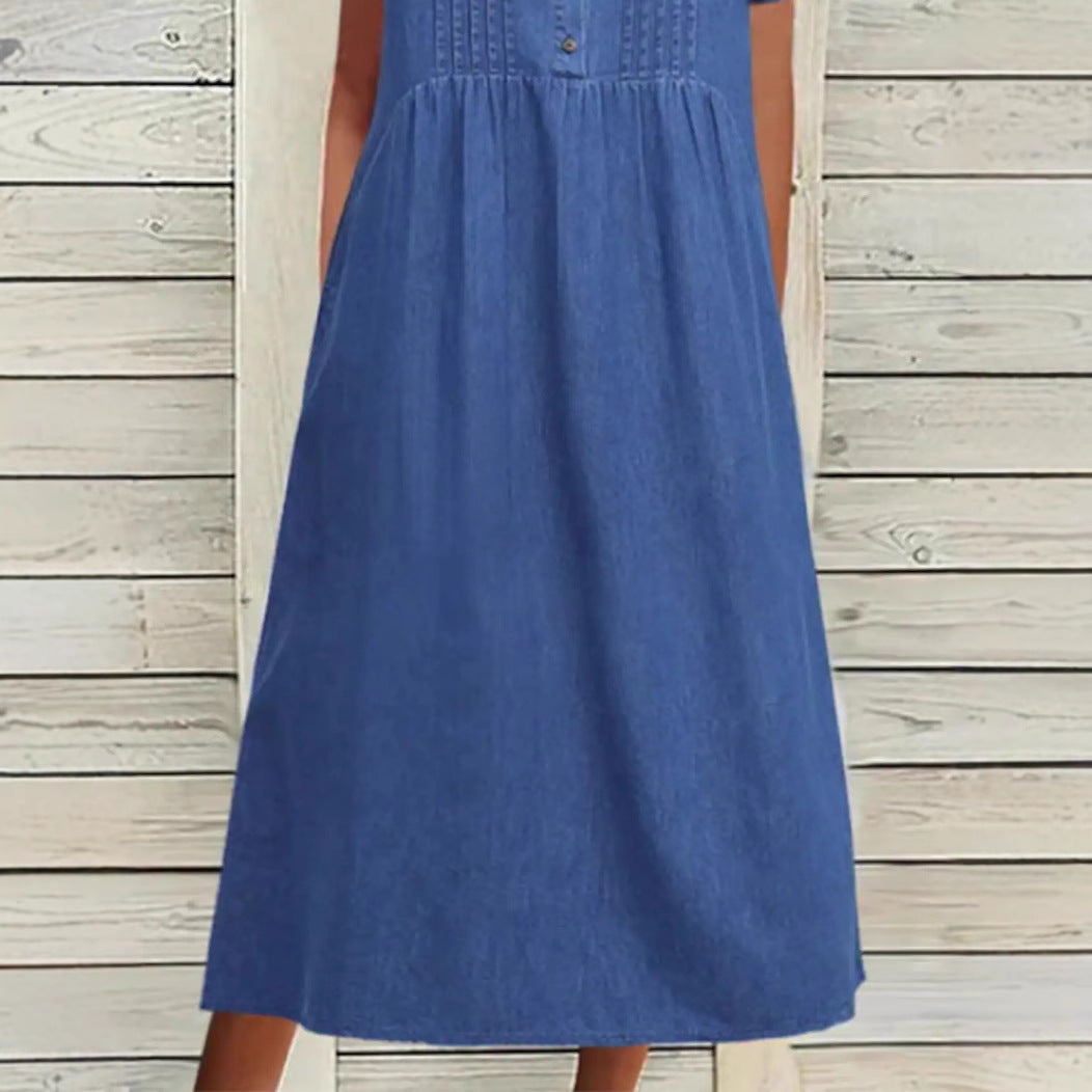 Damen nan locker sitzendes Midikleid im Denim-Look mit Rundhalsausschnitt, Brustbiesen und seitlichen Eingrifftaschen Drune