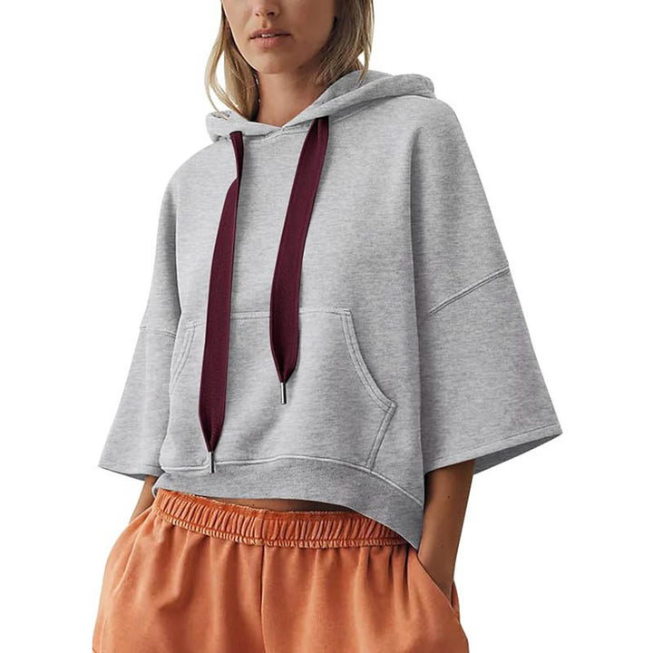 Damen Cropped Kapuzenpullover mit 3/4-Ärmeln und Kängurutasche Drune