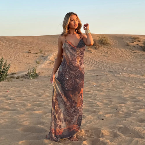 Damen Maxikleid mit anpassbaren Trägern und floralen Mustern Drune