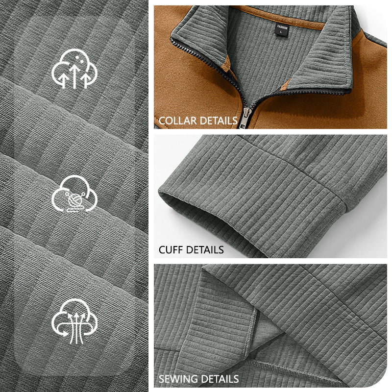 Herren Strickpullover mit Troyerkragen, Rippenstruktur und Ellbogen-Patches Drune