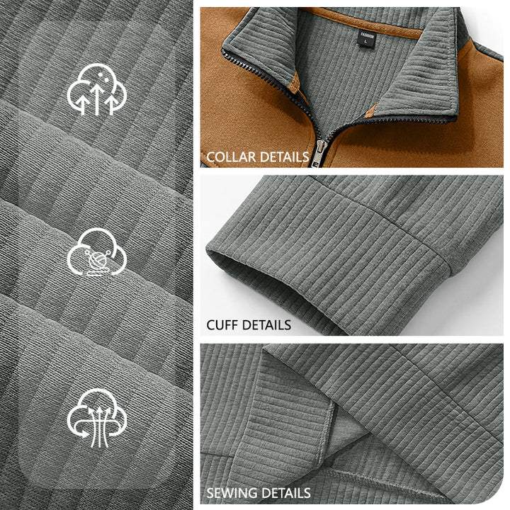 Herren Strickpullover mit Troyerkragen, Rippenstruktur und Ellbogen-Patches Drune