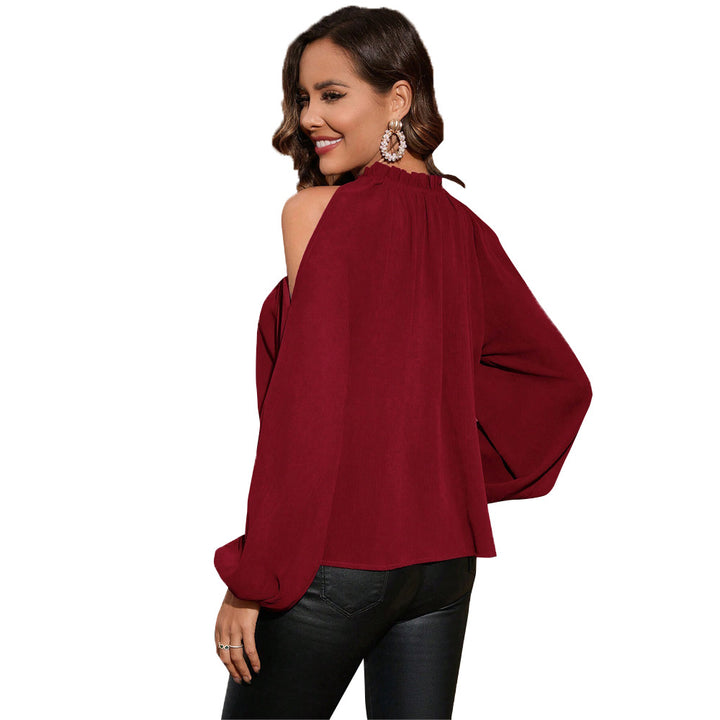 Damen schulterfreies Chiffon-Blusenshirt mit gerafftem Stehkragen und Ballonärmeln Drune