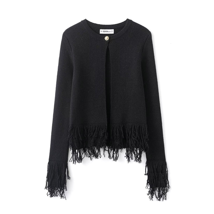 Damen 60+ gestrickter Cropped‑Cardigan mit Fransenbesatz und Rundhals Drune