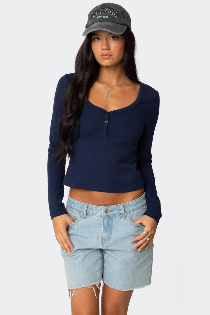 Damen Cropped Langarmhemd mit Knopfleiste und weichem Stoff Drune