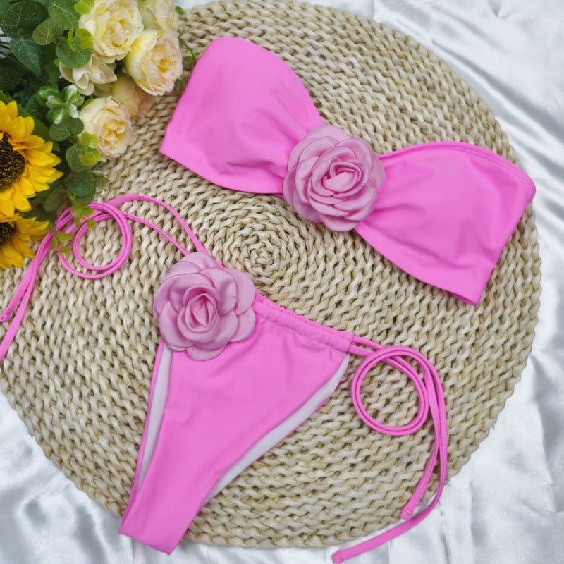 Damen Bandeau-Bikini mit floralem Akzent und verstellbaren Trägern Drune