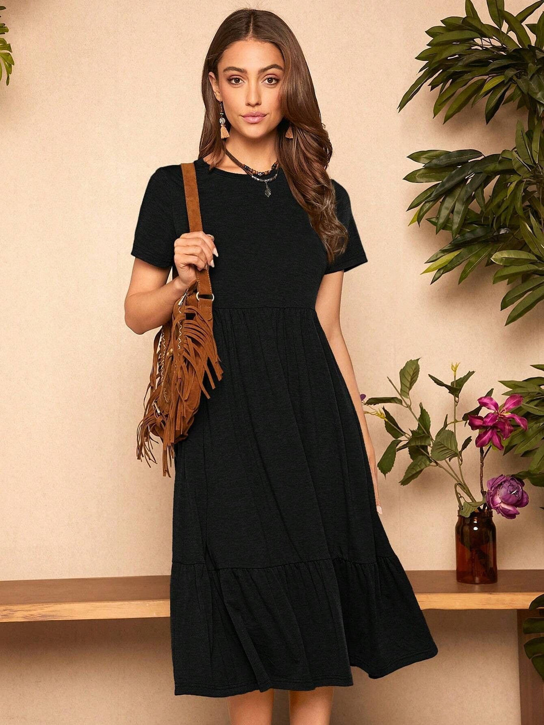 Damen lässiges T-Shirt-Kleid mit lockerer Passform und Rüschensaum Drune
