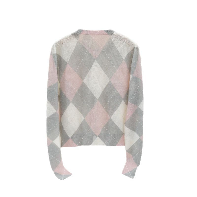 Damen Feiner Rundhals-Cardigan mit Rauten‑Argyle‑Muster aus leichtem Feinstrick Drune