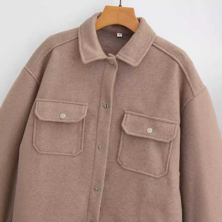 Damen Oversized Teddy-Hemdjacke mit Druckknopfverschlüssen und aufgesetzten Brusttaschen Drune