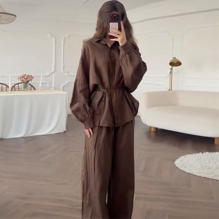 Damen lässiges Leinen-Loungewear-Set mit taillierter Bluse und weiten Hosen Drune