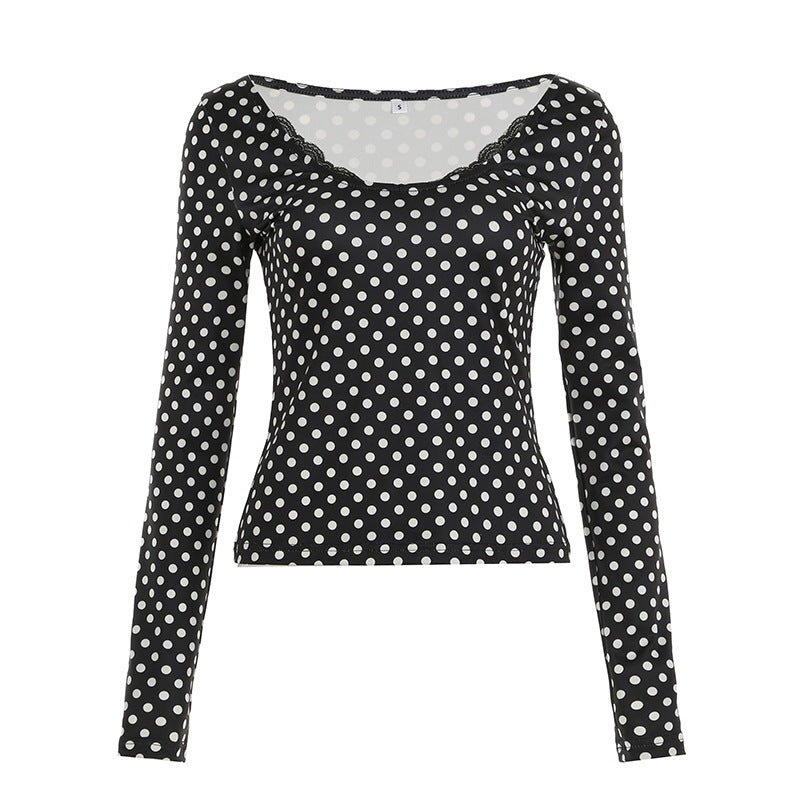 Damen nan figurbetontes Punktmuster‑Longsleeve mit Spitzenrand und dezentem Raffungseinsatz Drune