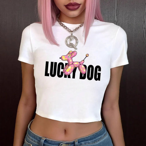 Damen Crop-Top T-Shirt mit lustigem Ballonhund-Design Drune