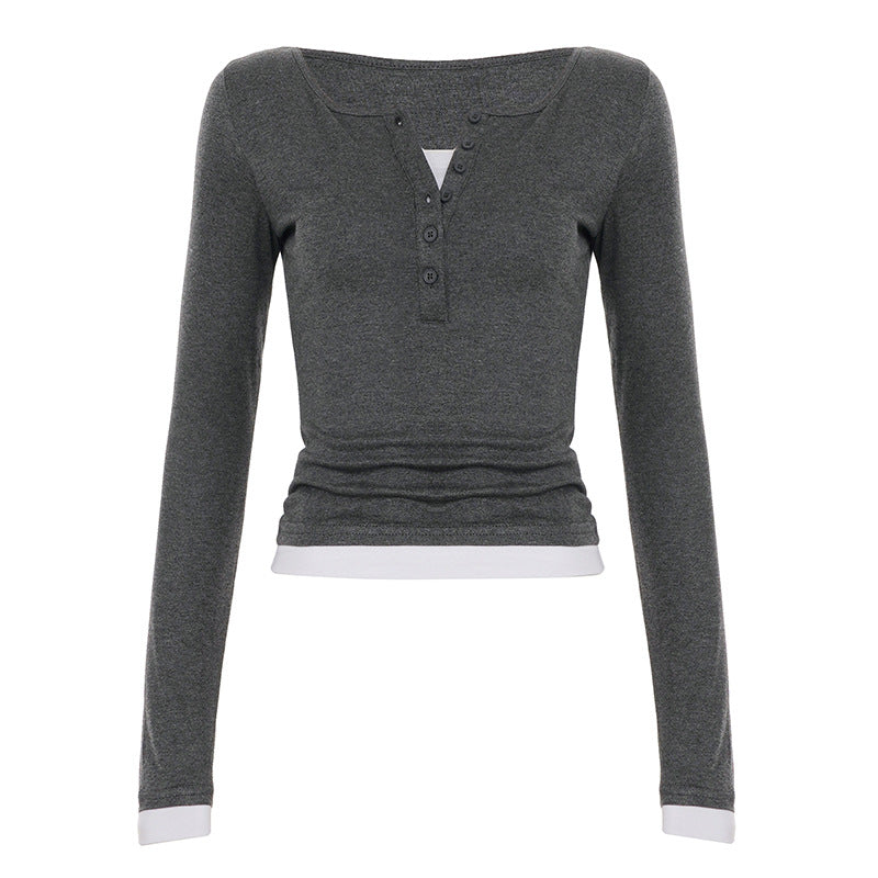 Damen nan tailliertes Henley-Crop-Longsleeve mit kontrastierenden Saum- und Ärmelbündchen Drune