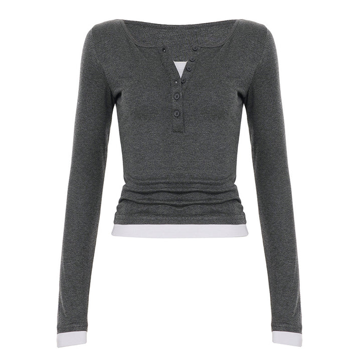 Damen nan tailliertes Henley-Crop-Longsleeve mit kontrastierenden Saum- und Ärmelbündchen Drune