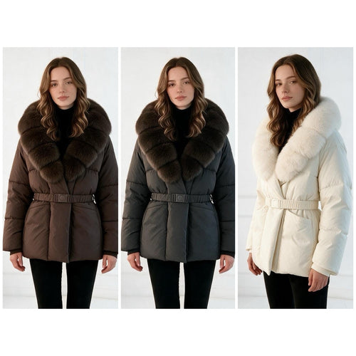 Damen nan taillierte Steppjacke mit übergroßem Webpelzkragen, taillierendem Gürtel und wärmender Thermofüllung Drune