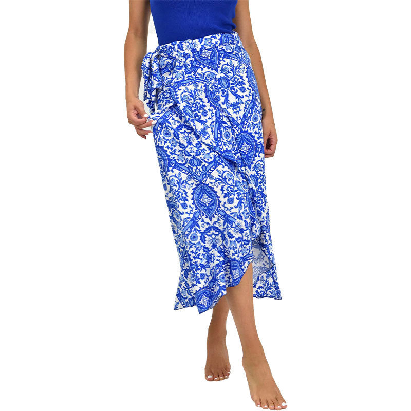 Damen Wickel-Midirock mit ornamentalem Print, Bindegürtel & Volantsaum Drune