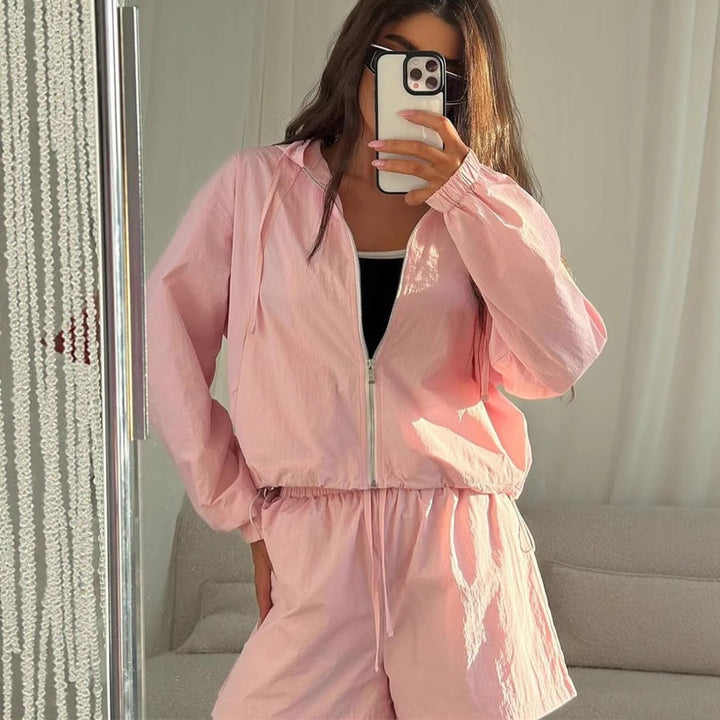 Damen Sportives Kurzarm-Set mit Kapuzenjacke und elastischem Bund