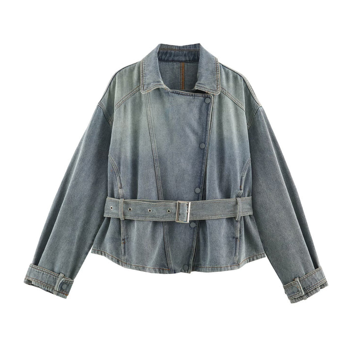 Damen Jeansjacke mit Taillengürtel und asymmetrischer Druckknopfleiste Drune