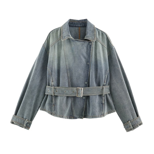 Damen Jeansjacke mit Taillengürtel und asymmetrischer Druckknopfleiste Drune