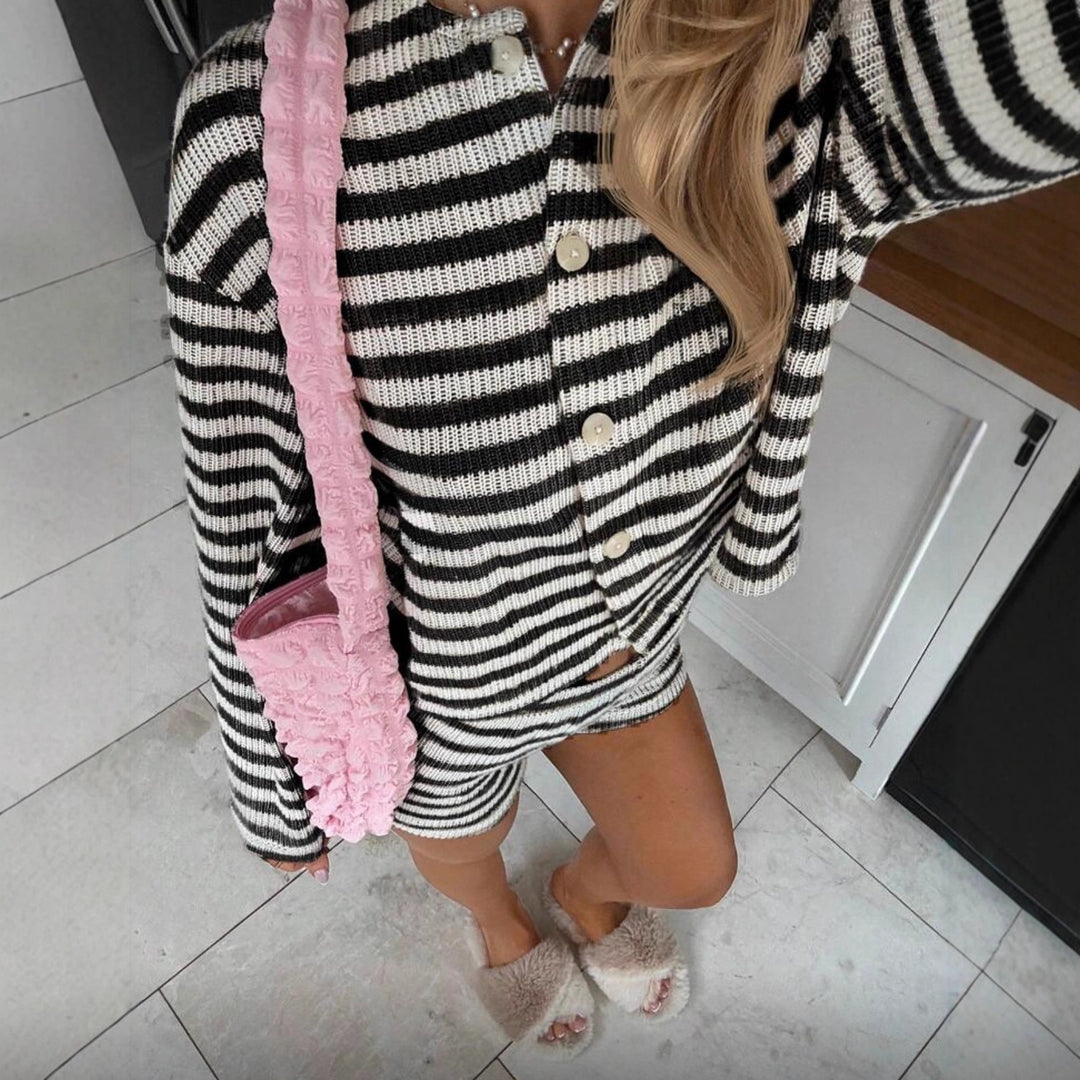 Damen Freizeitoberteil und Shorts-Set mit Streifenmuster Drune