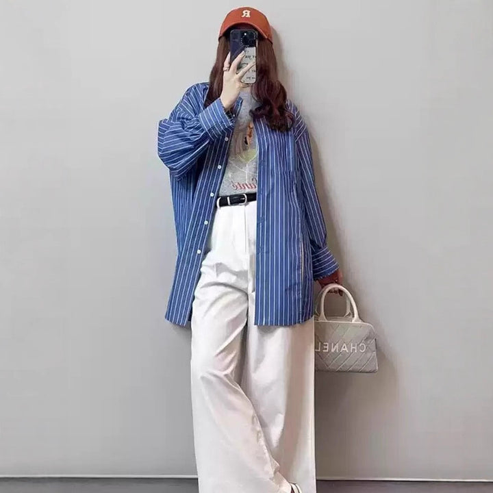 Damen Oversize-Streifenhemd mit verlängertem Saum und kastiger Passform Drune