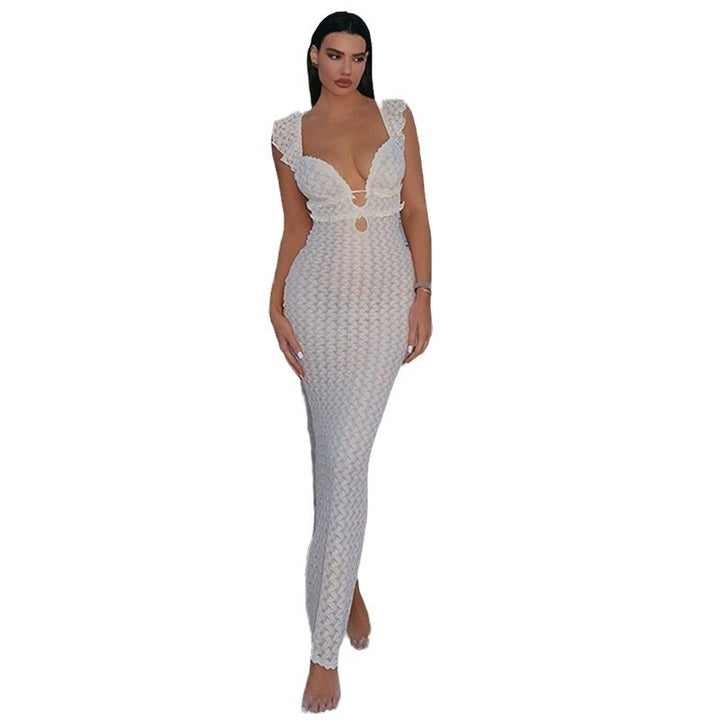 Damen figurbetontes Spitzenkleid mit tiefem V-Ausschnitt und Rüschendetails Drune