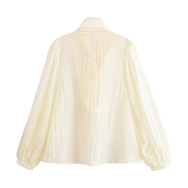 Damen Elegante Schluppenbluse mit plissierten Ballonärmeln und Zierkordel Drune
