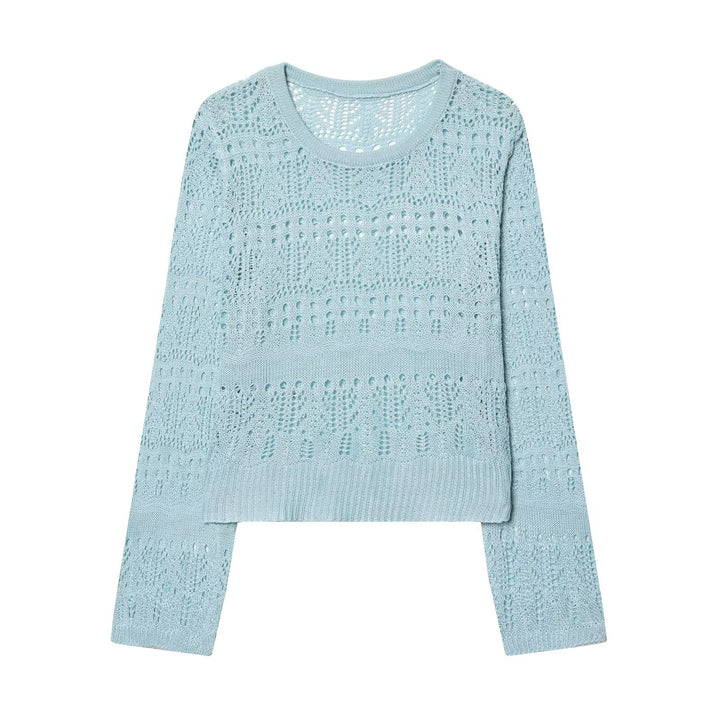 Damen Feinstrick-Openwork-Pullover mit Rundhalsausschnitt und filigranem Lochmuster Drune