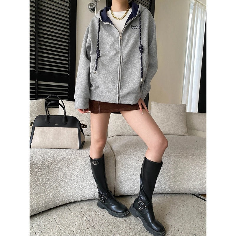 Damen lässiger Kapuzenpullover mit modernem Reißverschluss und seitlichen Taschen Drune