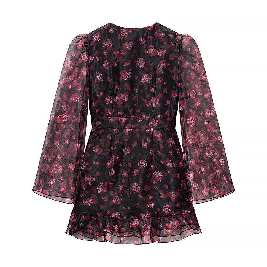 Damen Florales Chiffon-Minikleid mit tiefem V‑Ausschnitt, Rüschenstufen und Trompetenärmeln Drune