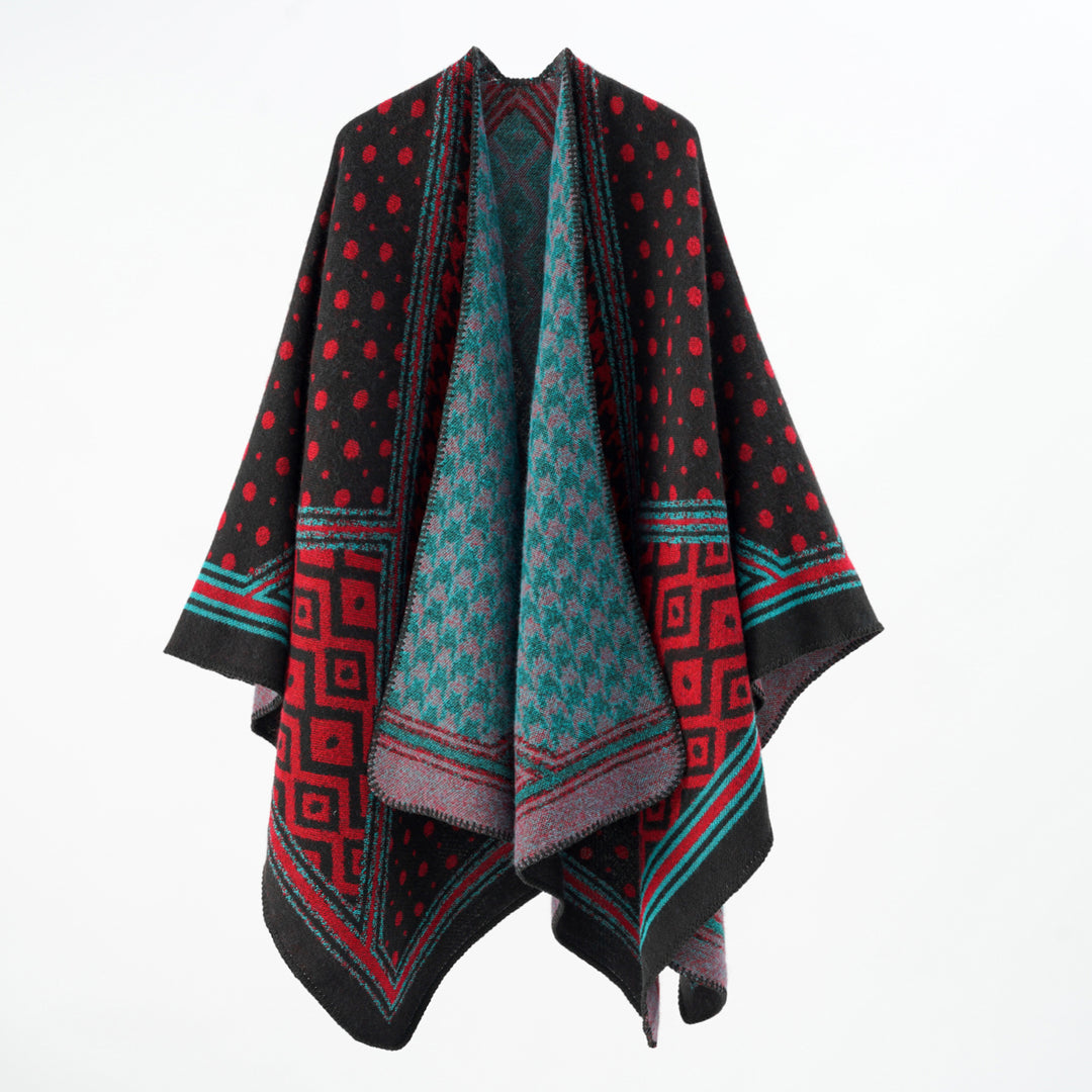Damen Gewebter Jacquard‑Capeponcho mit Hahnentritt‑ und Ornamentmix Drune