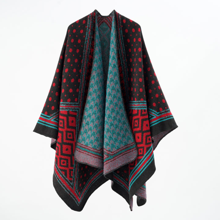 Damen Gewebter Jacquard‑Capeponcho mit Hahnentritt‑ und Ornamentmix Drune
