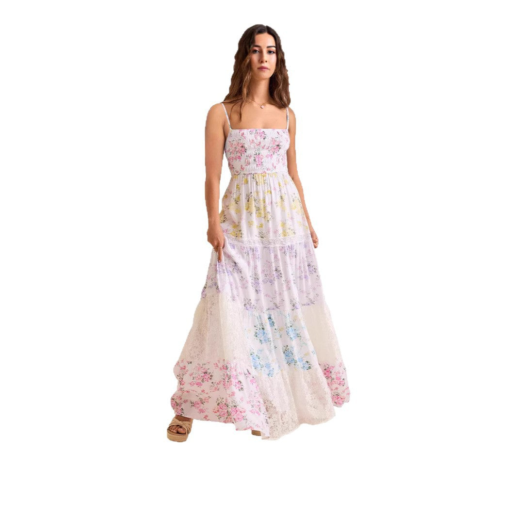 Damen Boho Maxikleid mit elastischem Oberteil und Spitzenakzenten Drune