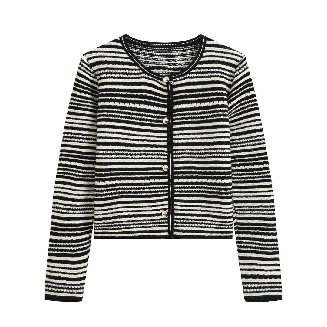 Damen gestreifte Kurzstrickjacke mit Rundhals und dekorativen Knöpfen Drune